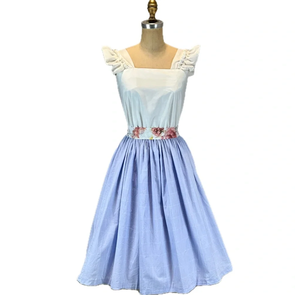 VINTAGE 80s lavender garden party dress‎ eyelet lace ruffle fit flare sleeveless - Picture 3 of 14